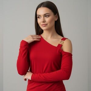 Michael Kors NWT Persimmon Red Logo Charm Cold-Shoulder Ruched Top XS